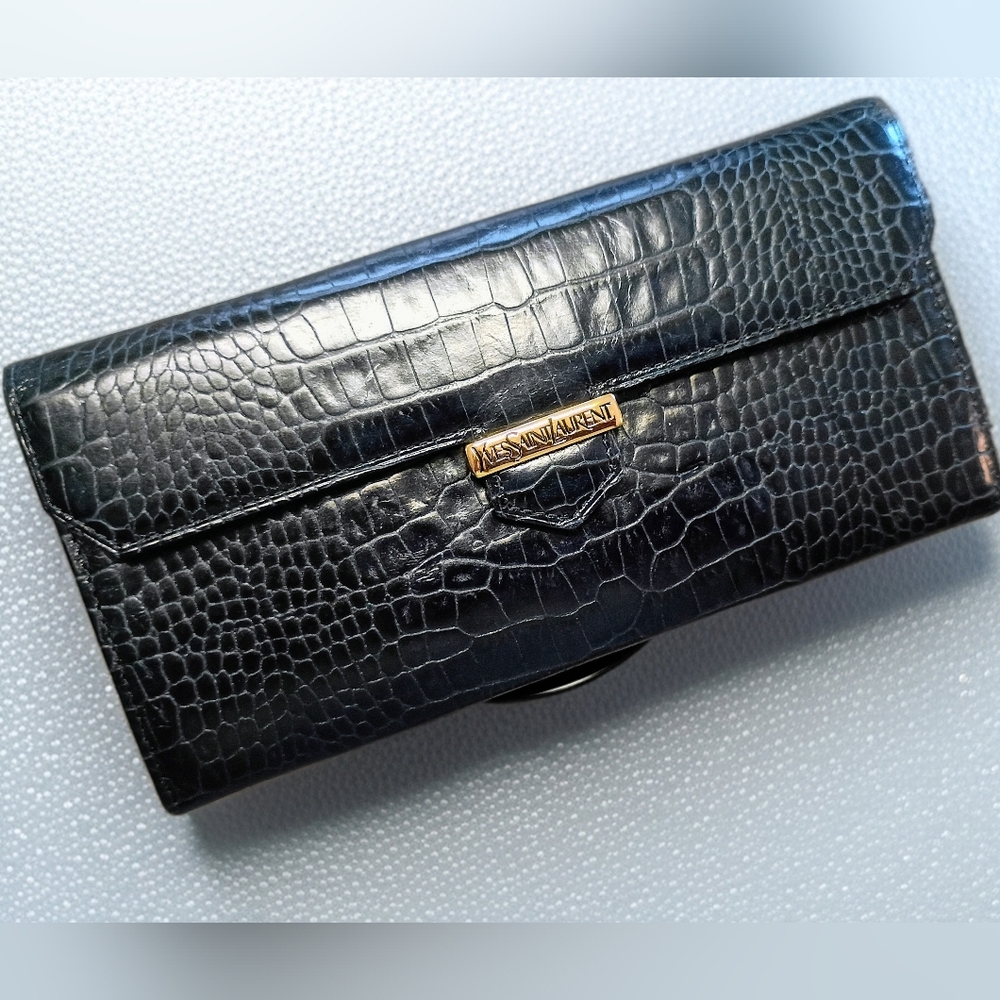 Vintage Yves Saint Laurent Croc Embossed Convertible Wallet Clutch w/ Gold Chain